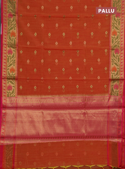 Banarasi semi dupion saree orange and pink with thread & zari woven buttas and zari woven border