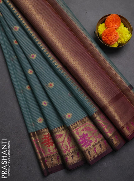 Banarasi semi dupion saree greyish green and wine shade with thread & zari woven buttas and zari woven border