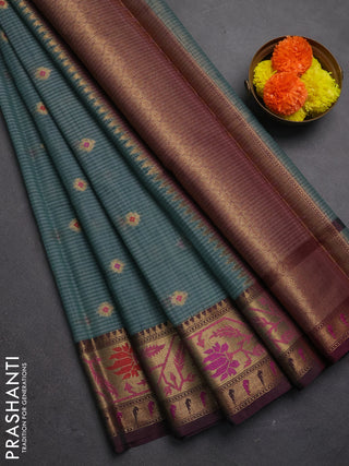 Banarasi semi dupion saree greyish green and wine shade with thread & zari woven buttas and zari woven border