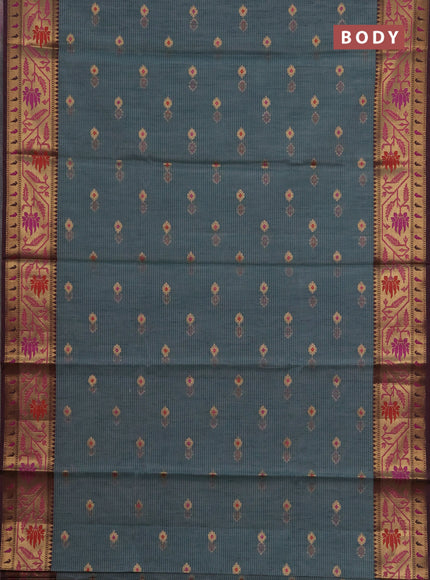 Banarasi semi dupion saree greyish green and wine shade with thread & zari woven buttas and zari woven border
