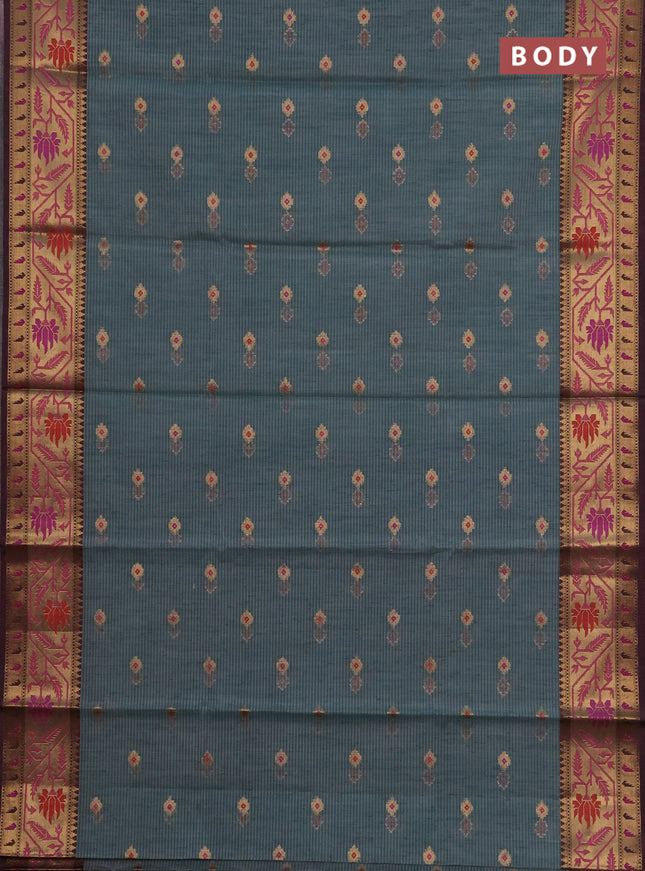 Banarasi semi dupion saree greyish green and wine shade with thread & zari woven buttas and zari woven border