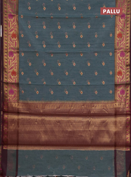 Banarasi semi dupion saree greyish green and wine shade with thread & zari woven buttas and zari woven border
