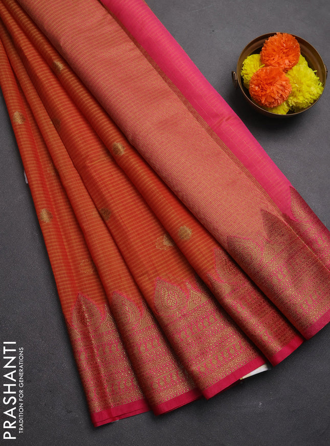 Banarasi semi dupion saree mustard yellow and pink with thread & zari woven buttas and zari woven border