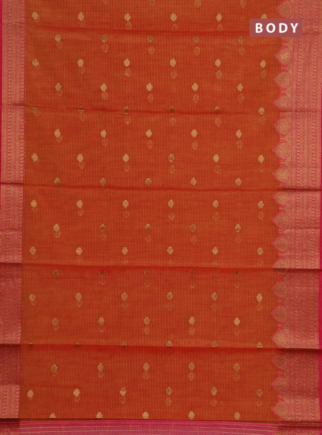 Banarasi semi dupion saree mustard yellow and pink with thread & zari woven buttas and zari woven border