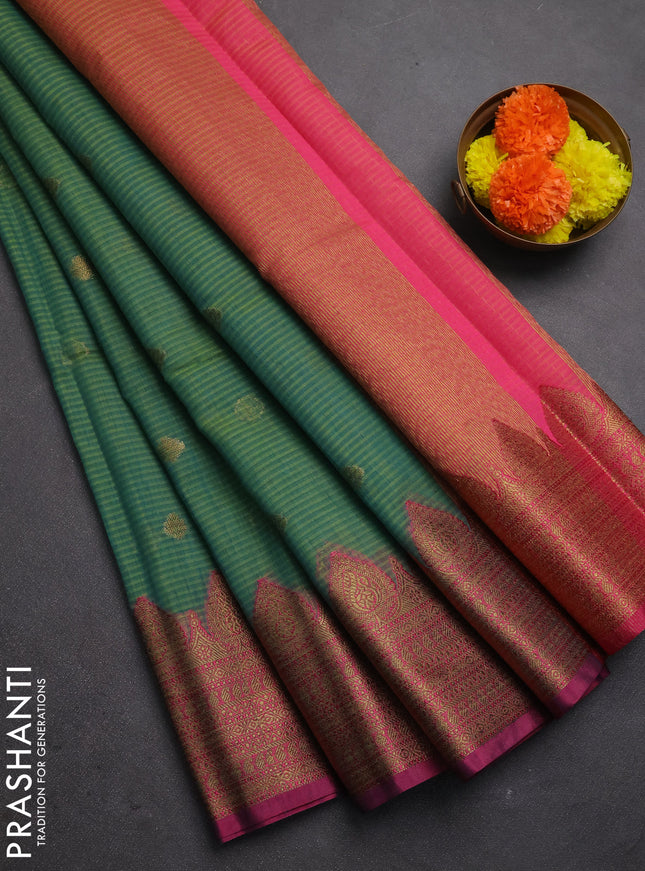 Banarasi semi dupion saree teal green and magenta pink with thread & zari woven buttas and zari woven border