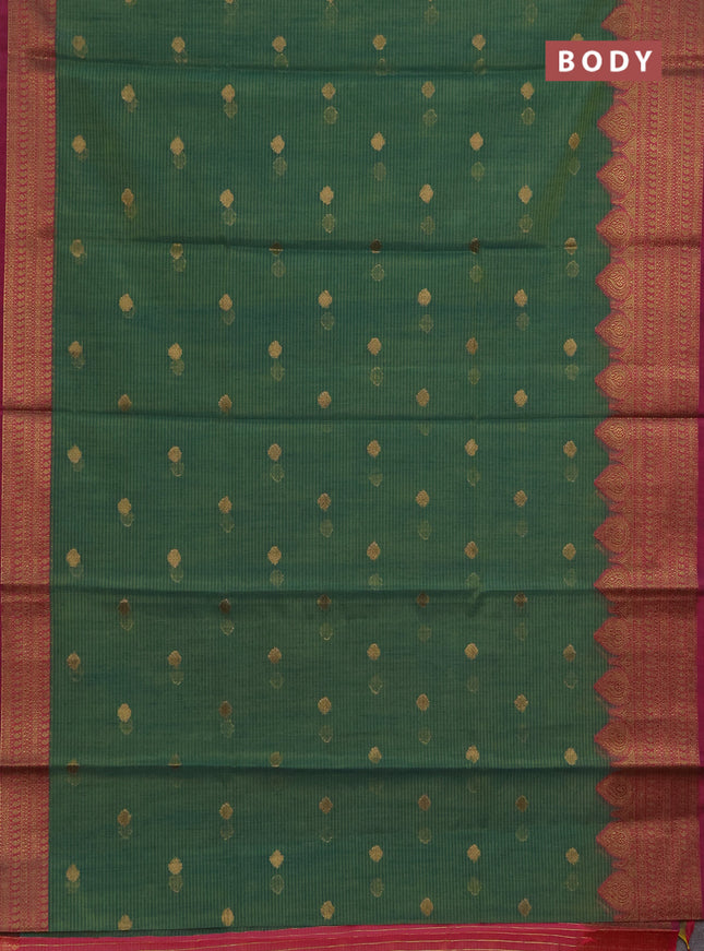 Banarasi semi dupion saree teal green and magenta pink with thread & zari woven buttas and zari woven border