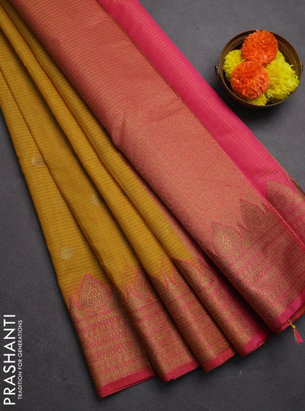 Banarasi semi dupion saree mustard yellow and pink with thread & zari woven buttas and zari woven border