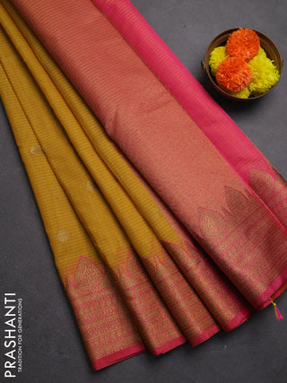 Banarasi semi dupion saree mustard yellow and pink with thread & zari woven buttas and zari woven border