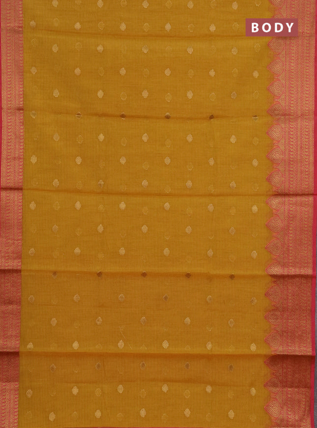 Banarasi semi dupion saree mustard yellow and pink with thread & zari woven buttas and zari woven border