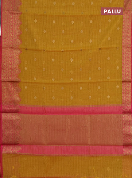 Banarasi semi dupion saree mustard yellow and pink with thread & zari woven buttas and zari woven border