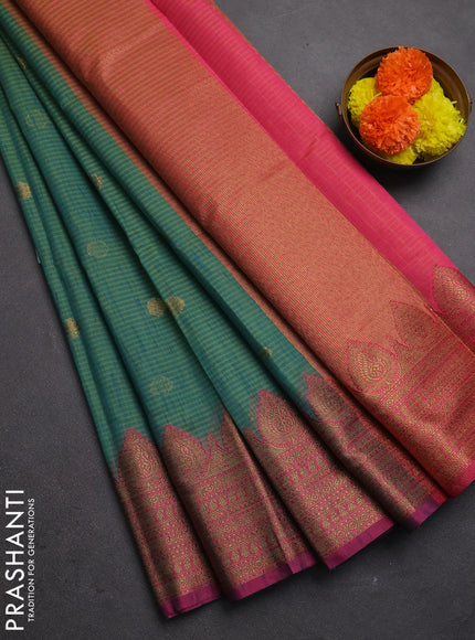 Banarasi semi dupion saree teal blue and magenta pink with thread & zari woven buttas and zari woven border