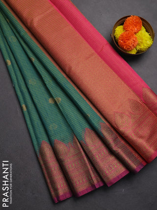 Banarasi semi dupion saree teal blue and magenta pink with thread & zari woven buttas and zari woven border