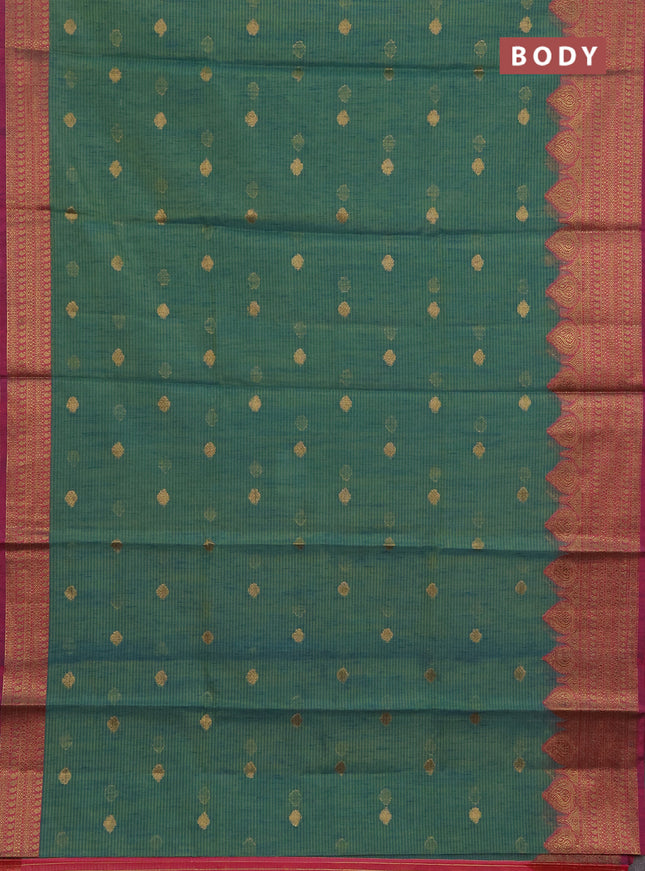 Banarasi semi dupion saree teal blue and magenta pink with thread & zari woven buttas and zari woven border