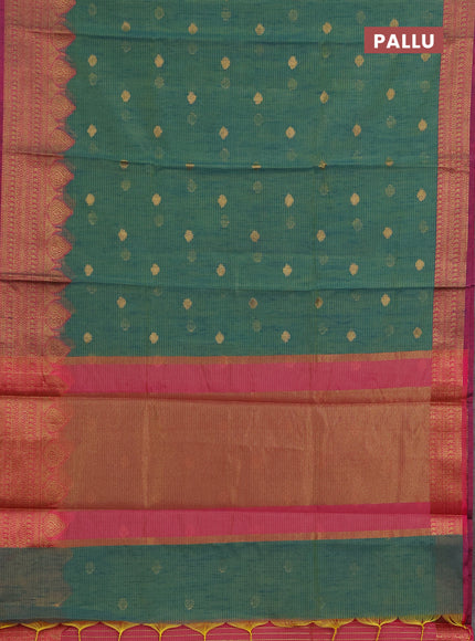 Banarasi semi dupion saree teal blue and magenta pink with thread & zari woven buttas and zari woven border