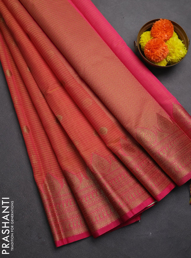 Banarasi semi dupion saree dual shade of pinkish yellow and pink with thread & zari woven buttas and zari woven border