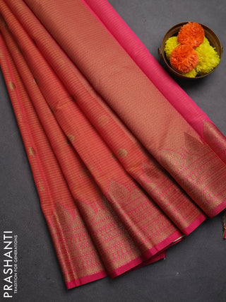 Banarasi semi dupion saree dual shade of pinkish yellow and pink with thread & zari woven buttas and zari woven border