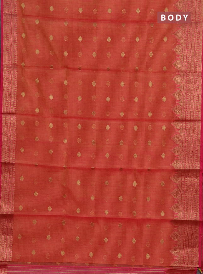 Banarasi semi dupion saree dual shade of pinkish yellow and pink with thread & zari woven buttas and zari woven border