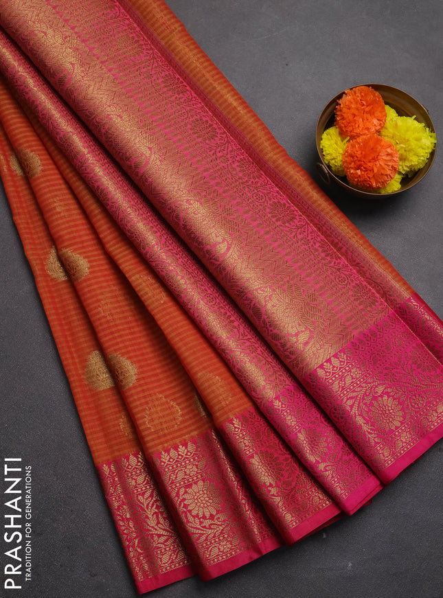 Banarasi semi dupion saree dual shade of reddish yellow and pink with thread & zari woven buttas and woven border