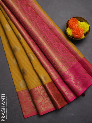 Banarasi semi dupion saree mustard yellow and pink with thread & zari woven buttas and woven border