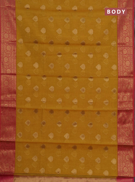Banarasi semi dupion saree mustard yellow and pink with thread & zari woven buttas and woven border