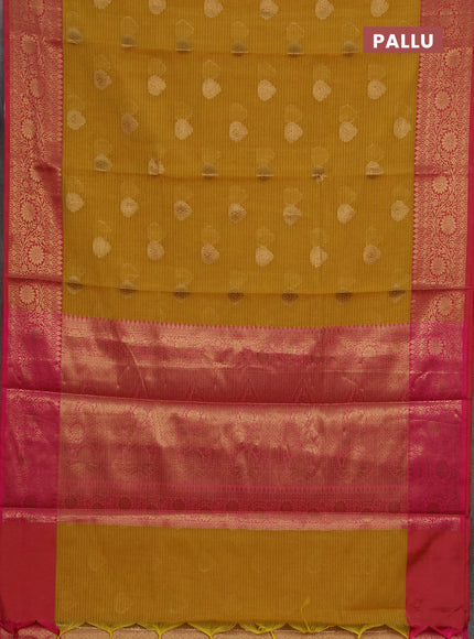 Banarasi semi dupion saree mustard yellow and pink with thread & zari woven buttas and woven border