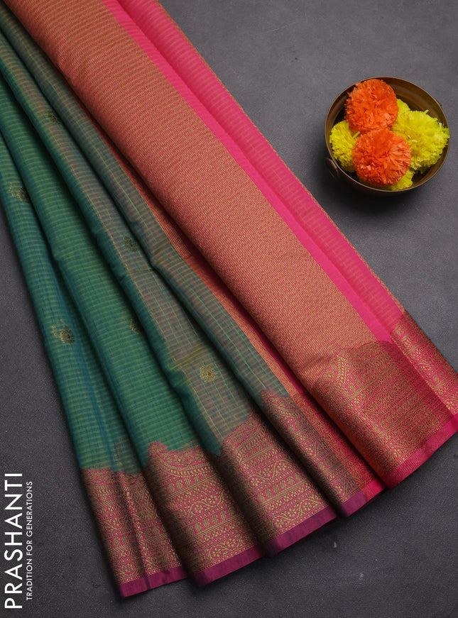 Banarasi semi dupion saree teal green and pink with thread & zari woven buttas and woven border
