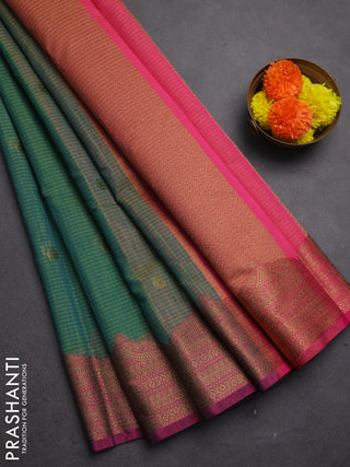 Banarasi semi dupion saree teal green and pink with thread & zari woven buttas and woven border