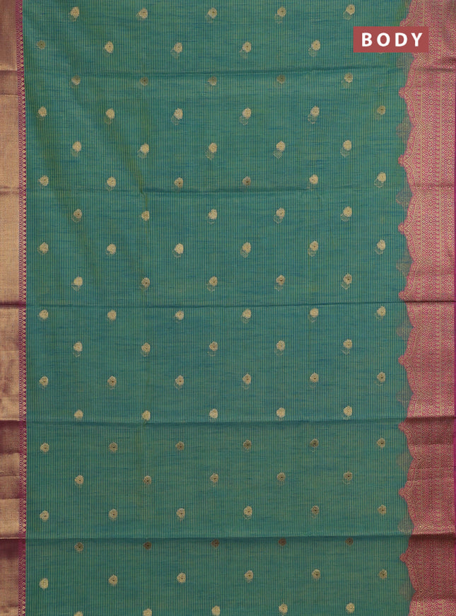Banarasi semi dupion saree teal green and pink with thread & zari woven buttas and woven border