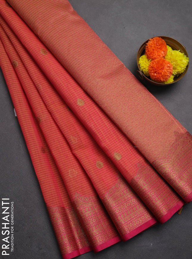 Banarasi semi dupion saree dual shade of pinkish yellow and pink with thread & zari woven buttas and woven border