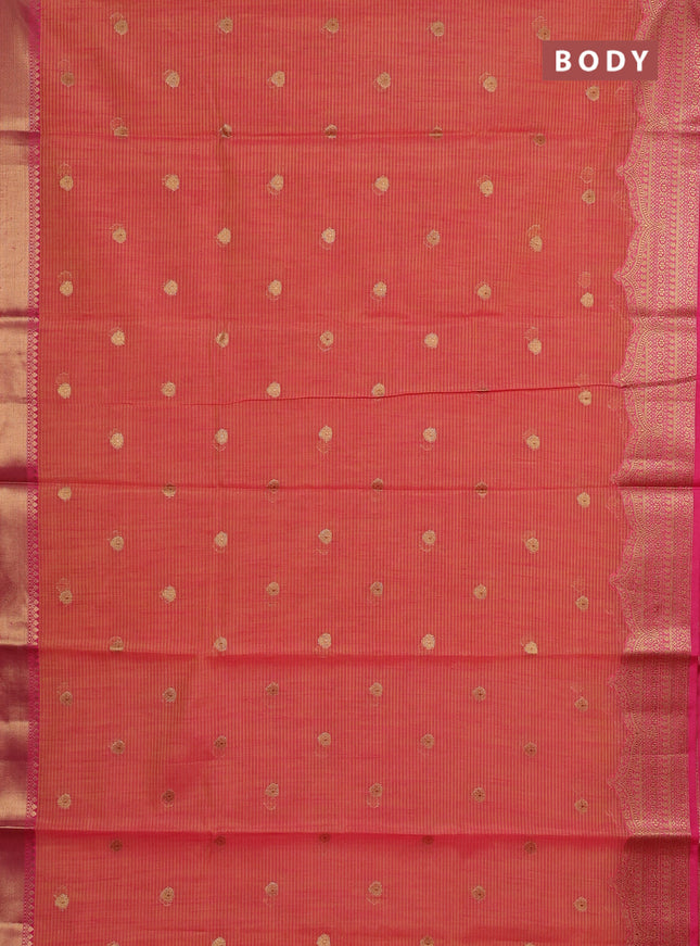 Banarasi semi dupion saree dual shade of pinkish yellow and pink with thread & zari woven buttas and woven border