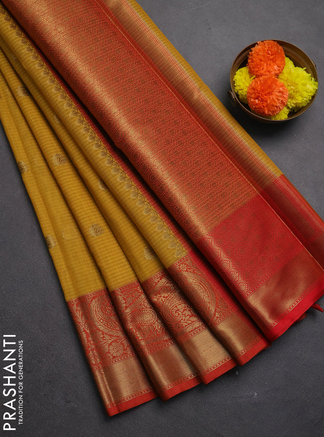 Banarasi semi dupion saree mustard yellow and orange with thread & zari woven buttas and long woven border