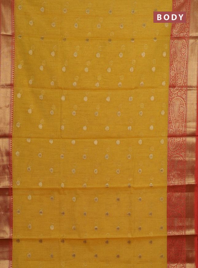 Banarasi semi dupion saree mustard yellow and orange with thread & zari woven buttas and long woven border