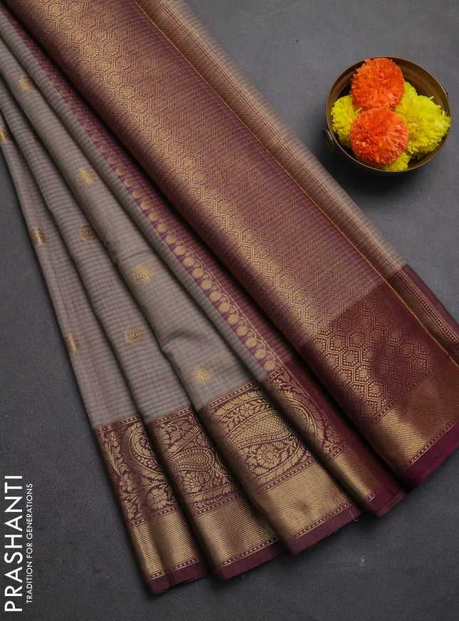 Banarasi semi dupion saree grey and wine shade with thread & zari woven buttas and long woven border