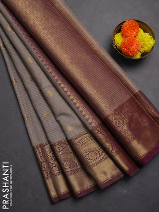 Banarasi semi dupion saree grey and wine shade with thread & zari woven buttas and long woven border
