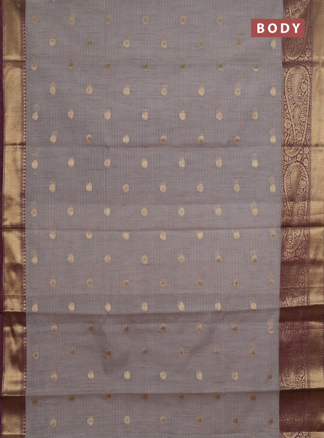 Banarasi semi dupion saree grey and wine shade with thread & zari woven buttas and long woven border