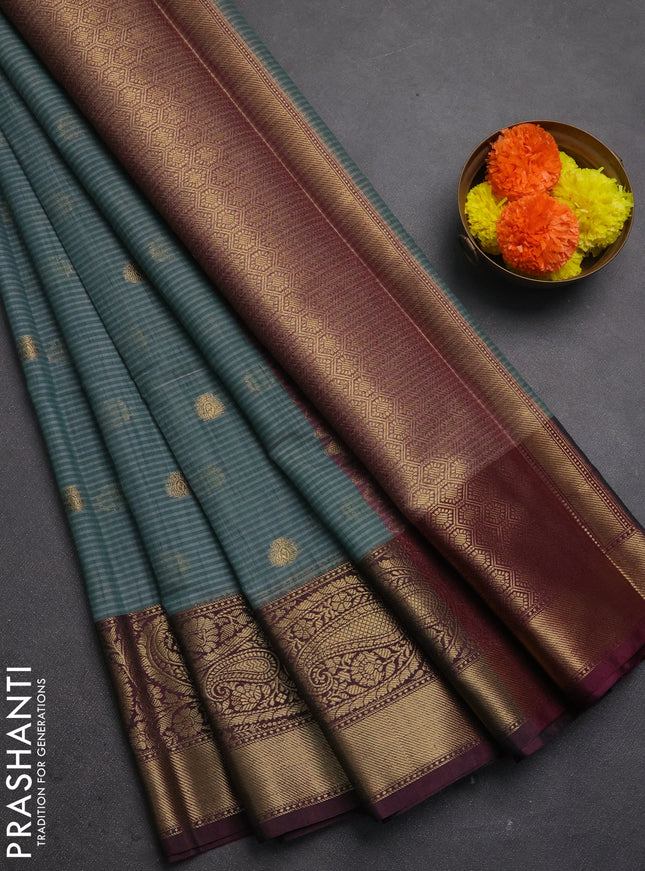 Banarasi semi dupion saree green shade and magenta pink with thread & zari woven buttas and long woven border