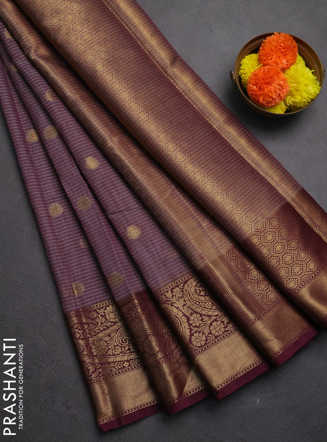 Banarasi semi dupion saree purple shade and wine shade with thread & zari woven buttas and long woven border