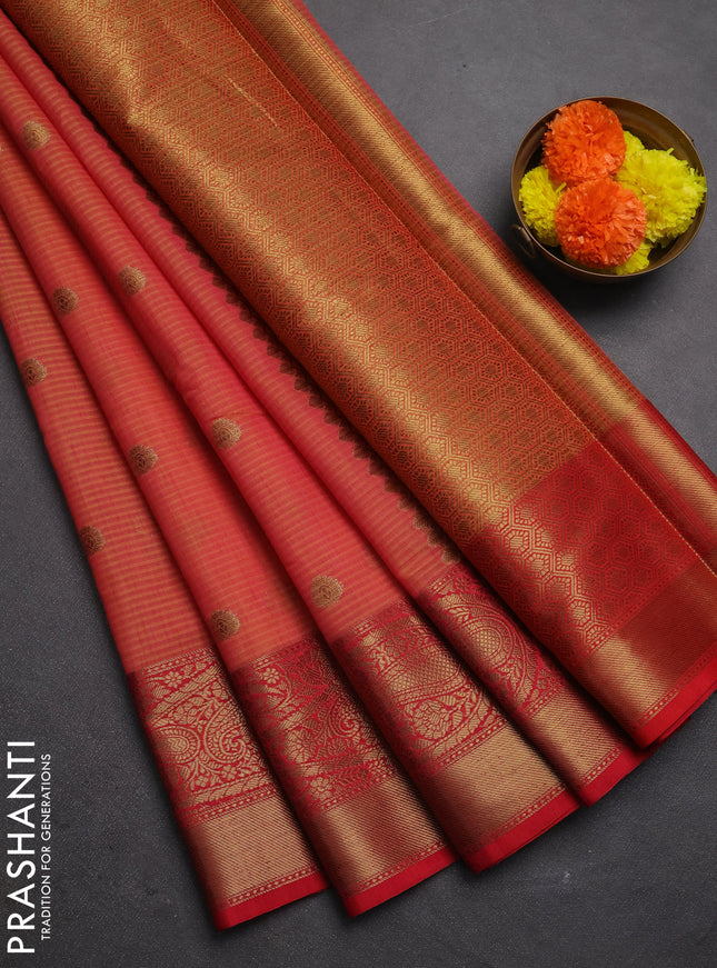 Banarasi semi dupion saree dual shade of pinkish yellow and red with thread & zari woven buttas and long woven border