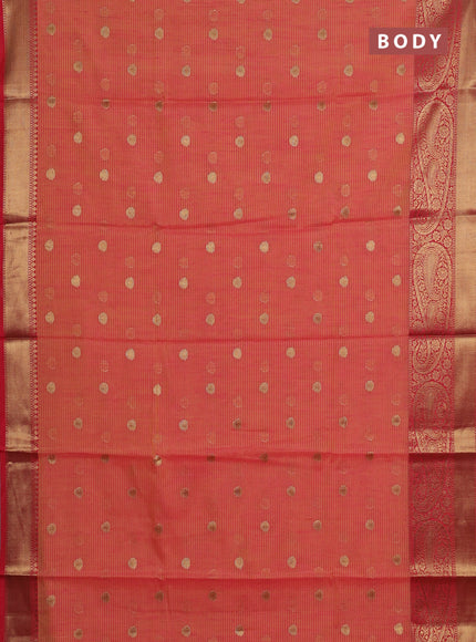 Banarasi semi dupion saree dual shade of pinkish yellow and red with thread & zari woven buttas and long woven border