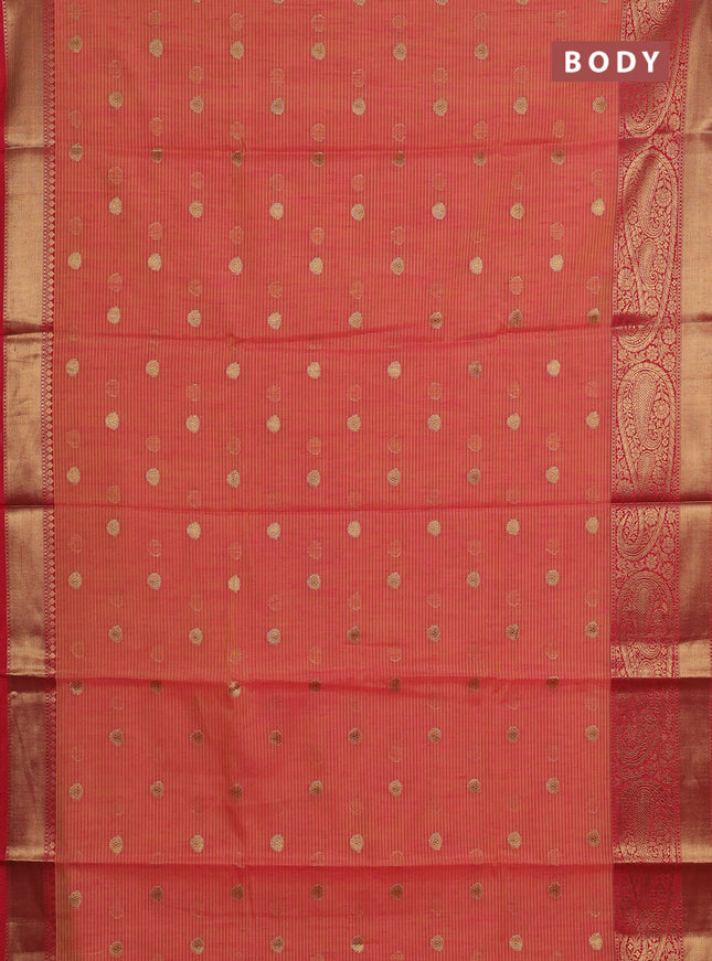 Banarasi semi dupion saree dual shade of pinkish yellow and red with thread & zari woven buttas and long woven border