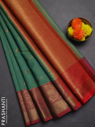 Banarasi semi dupion saree teal green and maroon with thread & zari woven buttas and long woven border