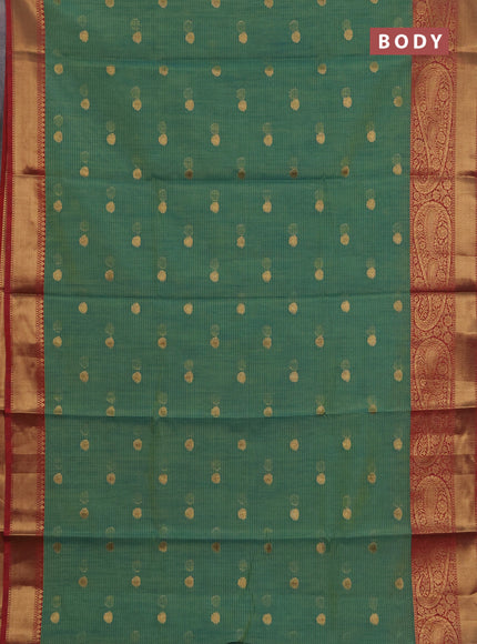 Banarasi semi dupion saree teal green and maroon with thread & zari woven buttas and long woven border