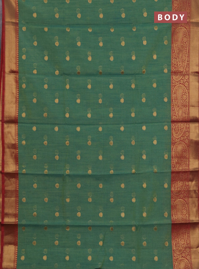 Banarasi semi dupion saree teal green and maroon with thread & zari woven buttas and long woven border