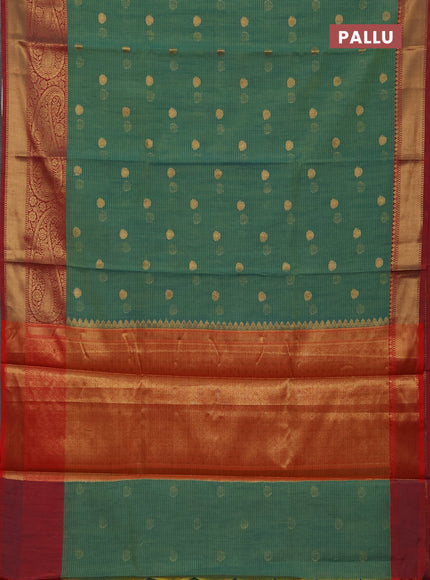Banarasi semi dupion saree teal green and maroon with thread & zari woven buttas and long woven border