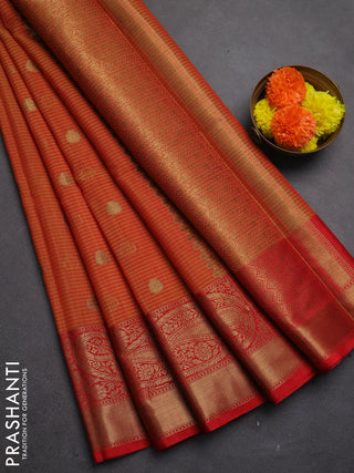 Banarasi semi dupion saree mustard yellow and red with thread & zari woven buttas and long woven border