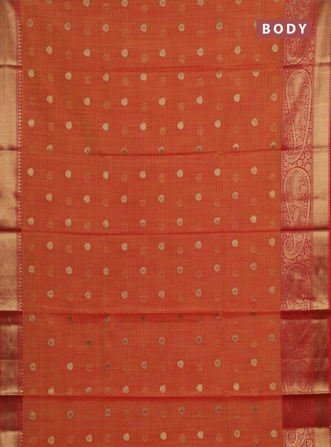 Banarasi semi dupion saree mustard yellow and red with thread & zari woven buttas and long woven border