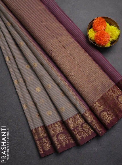 Banarasi semi dupion saree grey and wine shade with thread & zari woven buttas and woven border