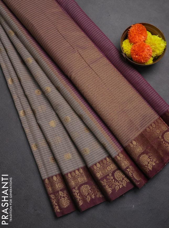 Banarasi semi dupion saree grey and wine shade with thread & zari woven buttas and woven border