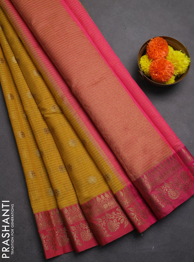 Banarasi semi dupion saree mustard green and pink with thread & zari woven buttas and woven border