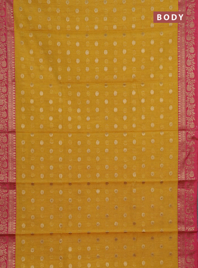 Banarasi semi dupion saree mustard green and pink with thread & zari woven buttas and woven border